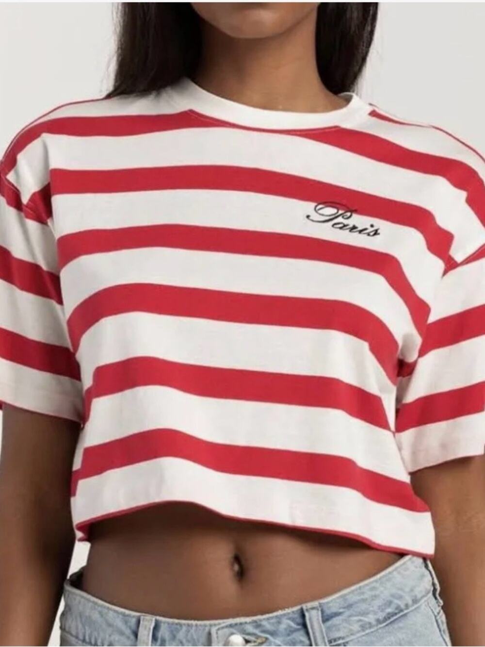 Full Tilt Paris Striped Cropped T-Shirt Red and White Size Large